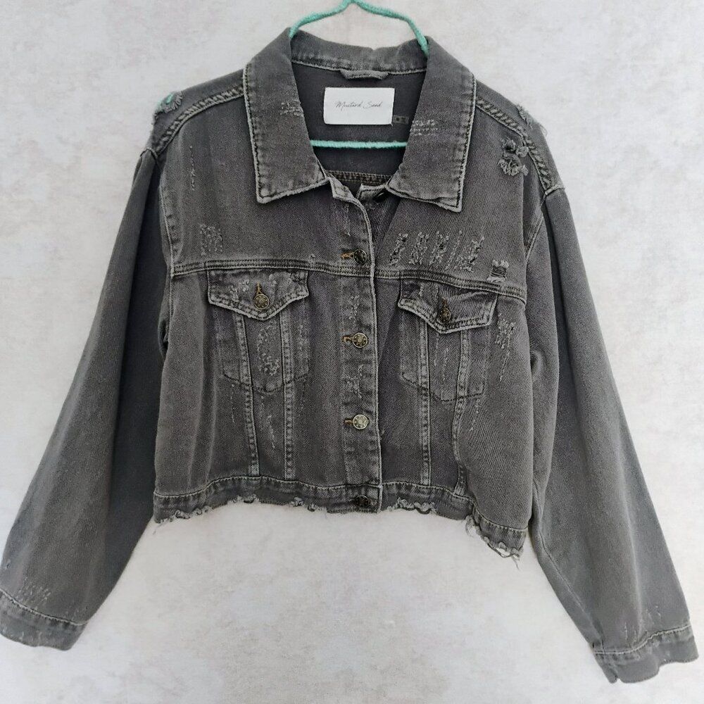Mustard Seed Gray Distressed Cropped Denim Jacket Medium